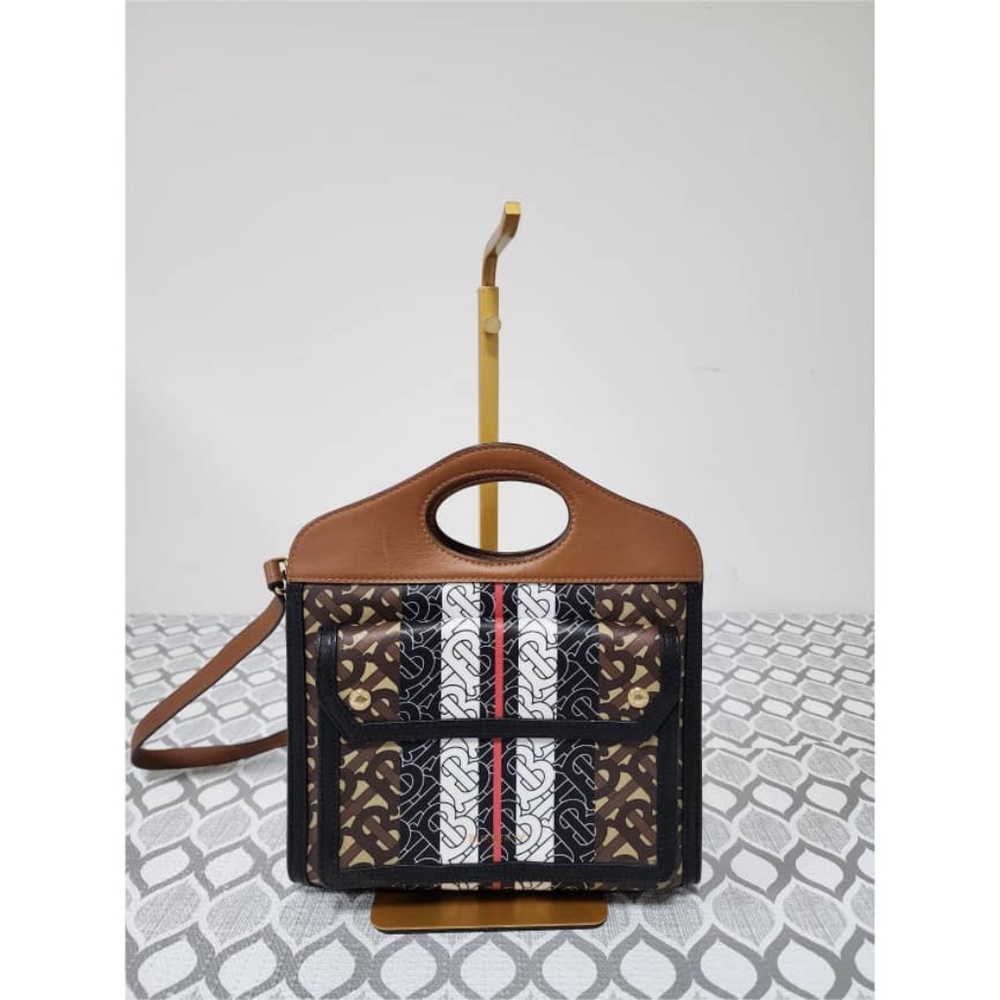 Authentic BURBERRY Pocket Mini Monogram Stripe E-Canvas Shoulder Bag Brown/Black - Picture 13 of 15